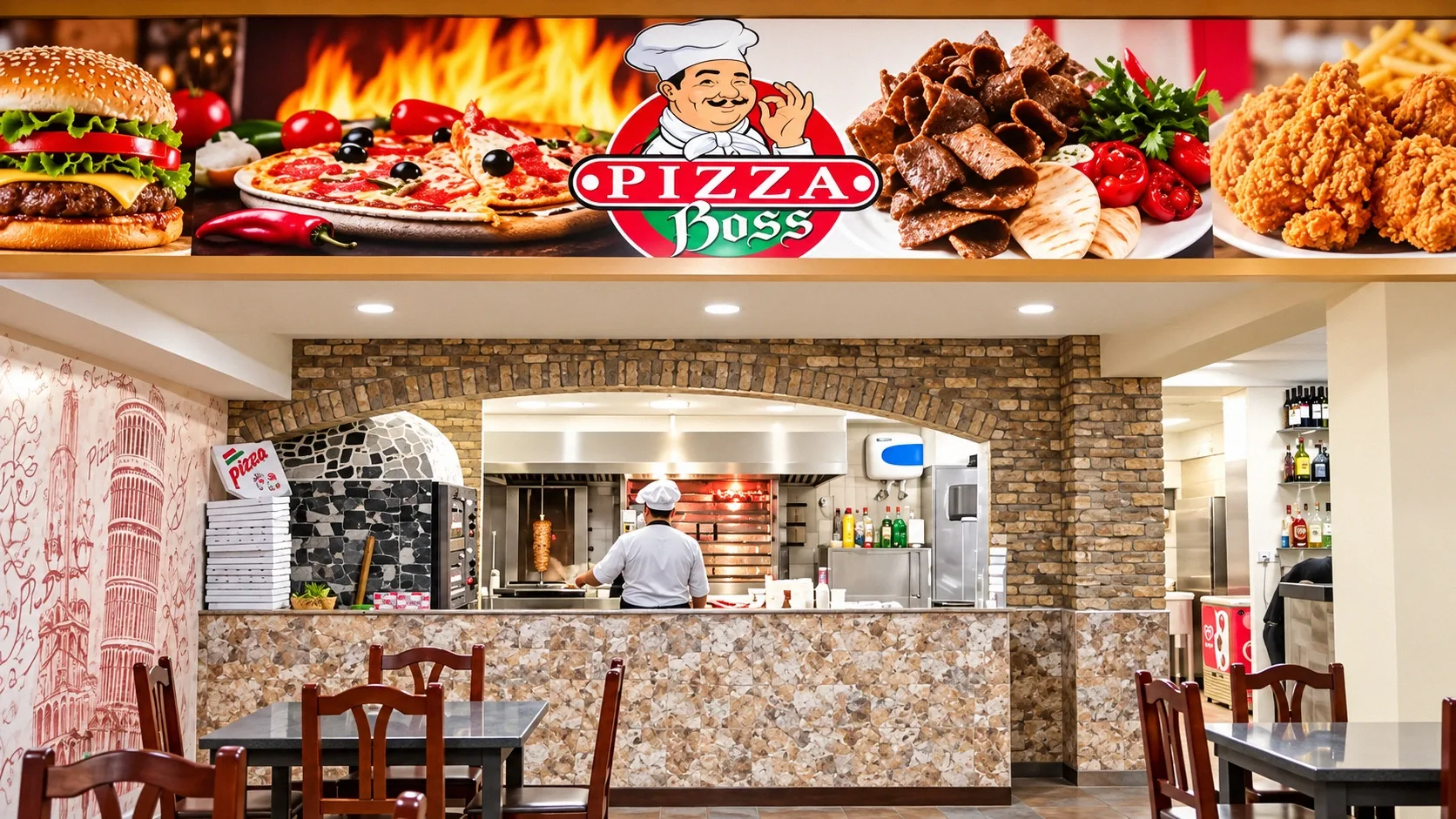 Interior de The Pizza Boss: letrero con el logo, mostrador, horno de pizza y mesas